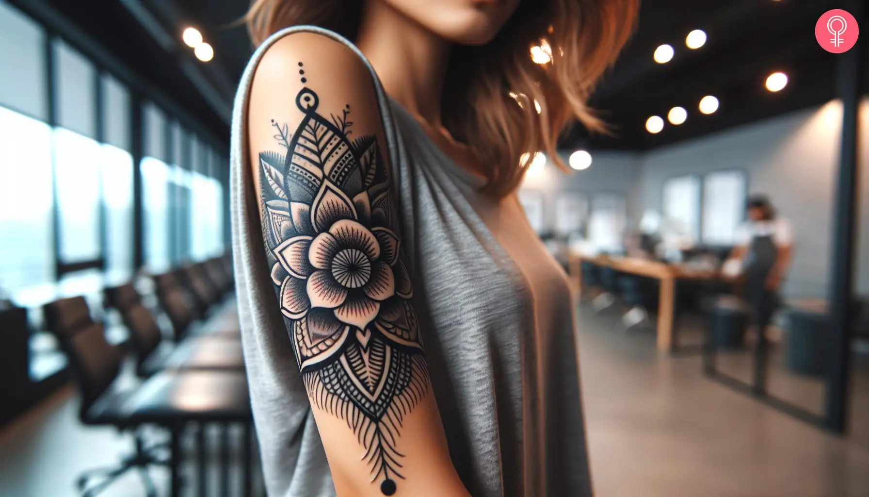 A woman with a Korean tribal flower tattoo on her upper arm