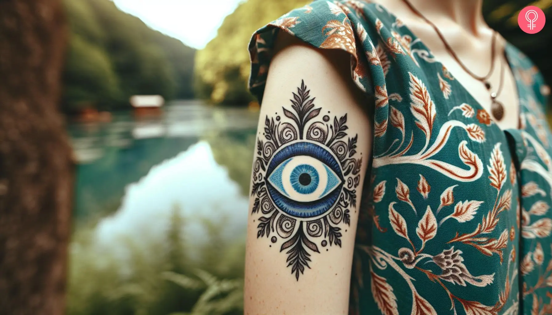 A woman with a Turkish eye tattoo on her arm