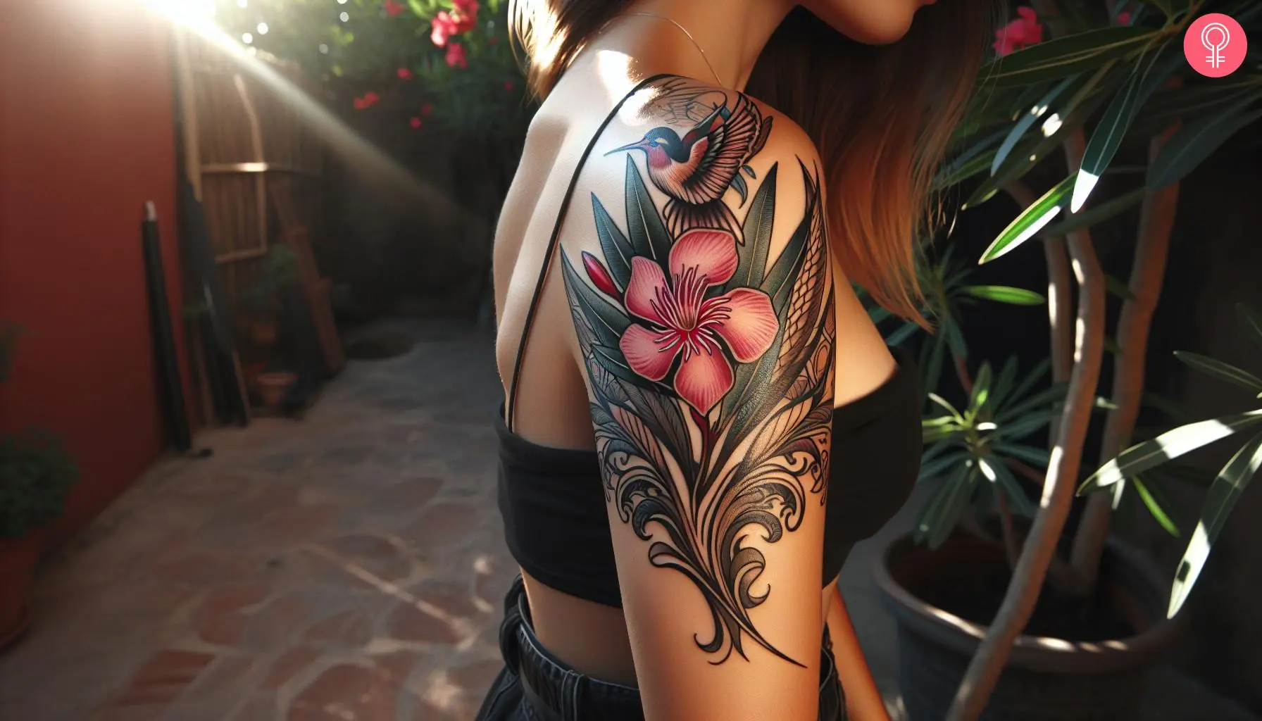 A woman with a Turkish flower oleander tattoo on her upper arm