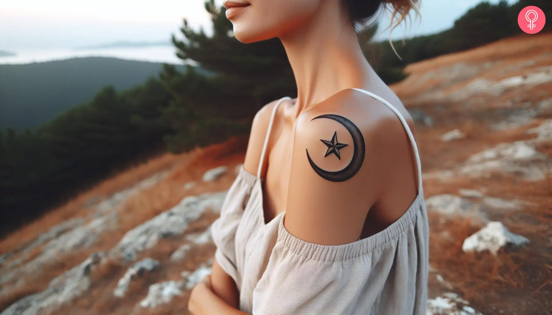 A woman with a Turkish moon and star tattoo on her shoulder