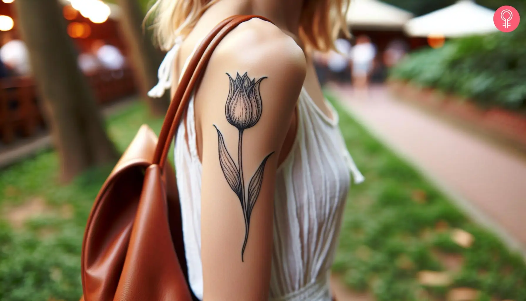 A woman with a Turkish tulip tattoo on her upper arm