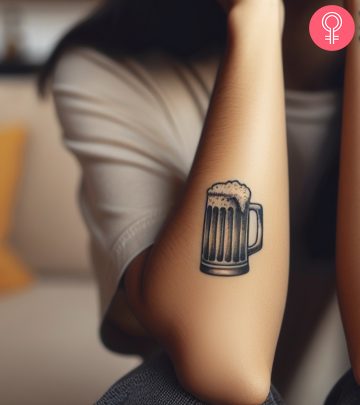 A woman wearing a ‘minimalist mouse’ tattoo on the upper arm.