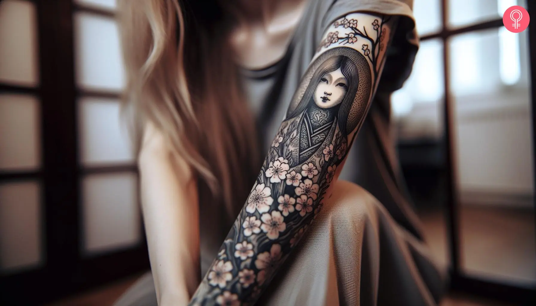 A woman with a black Japanese geisha ghost tattoo on her arm