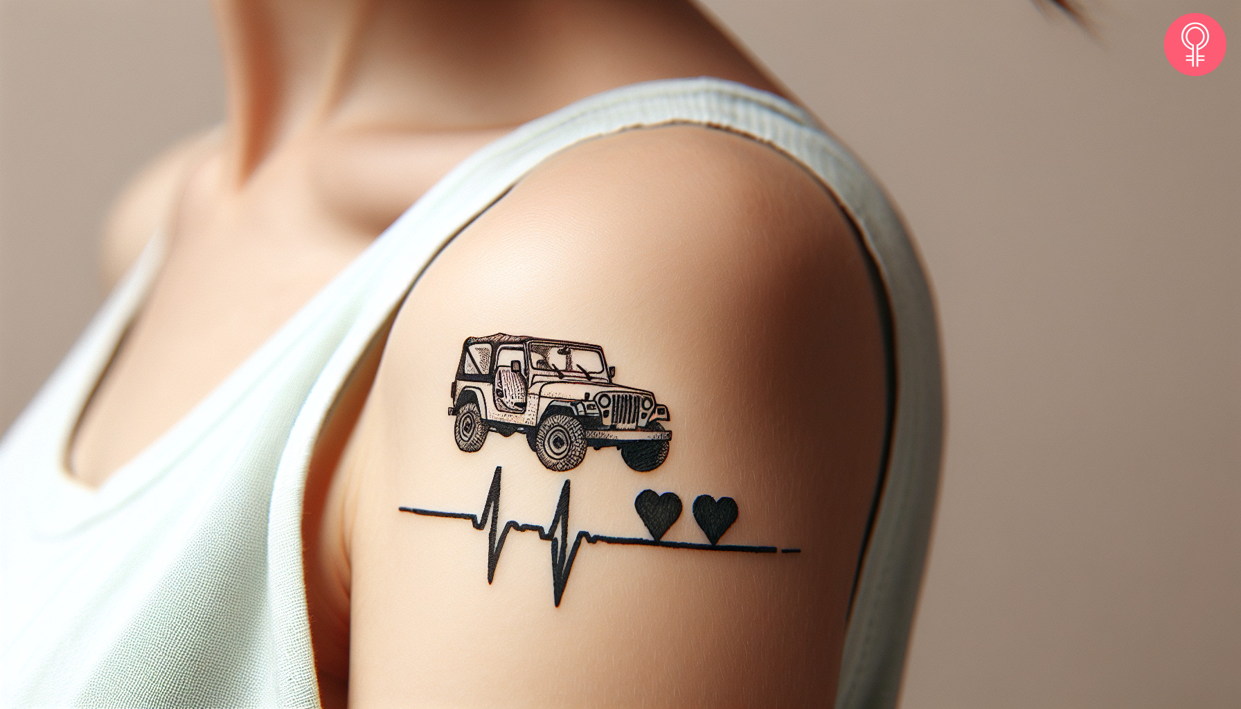 A woman with a black Jeep heartbeat tattoo on her upper arm