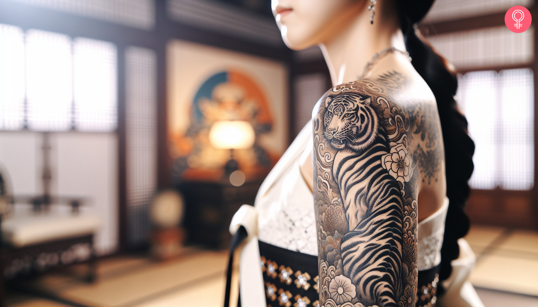 A woman with a black Korean tiger tattoo on her upper arm