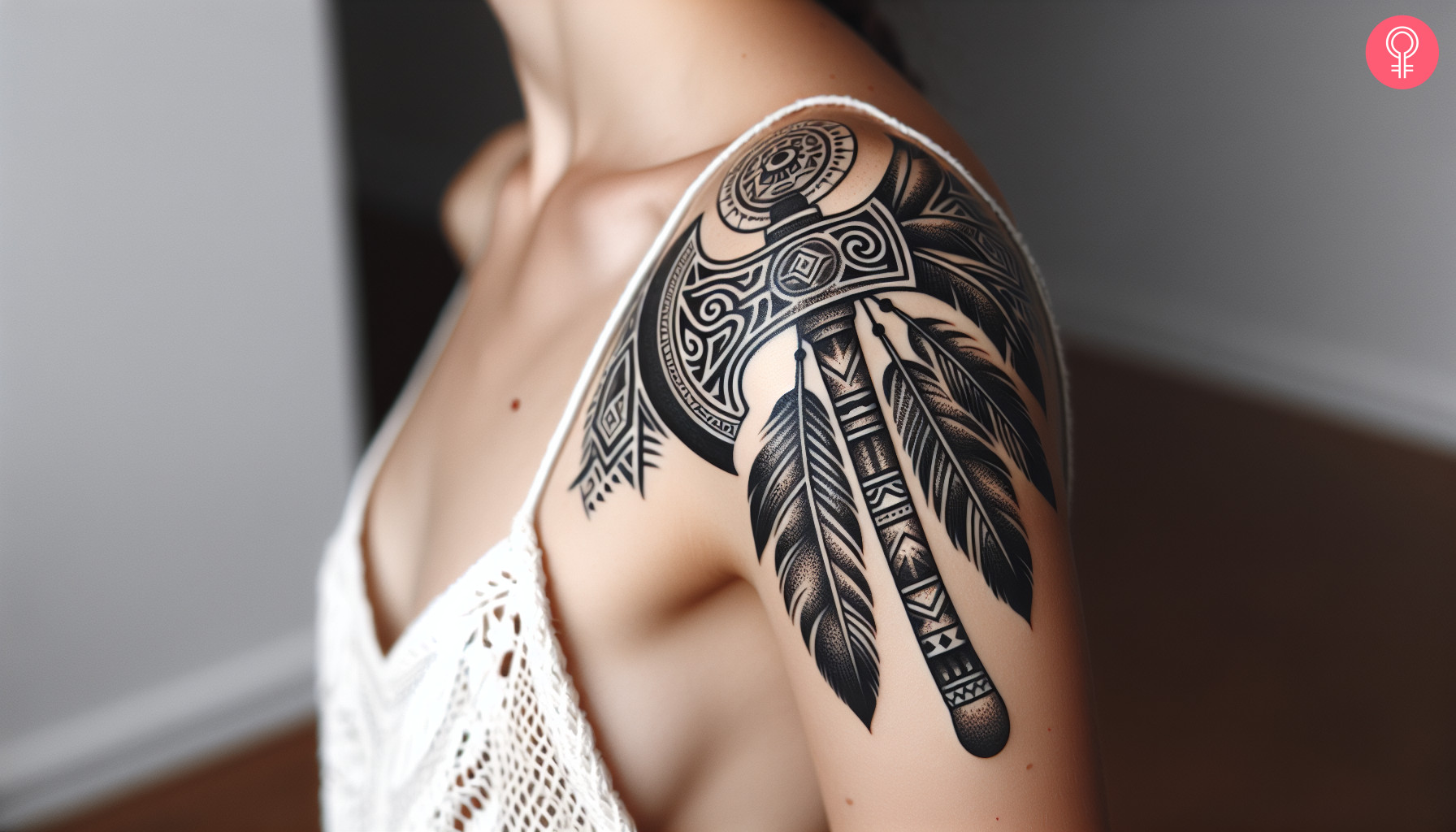 A woman with a black Native American tomahawk tattoo on her upper arm