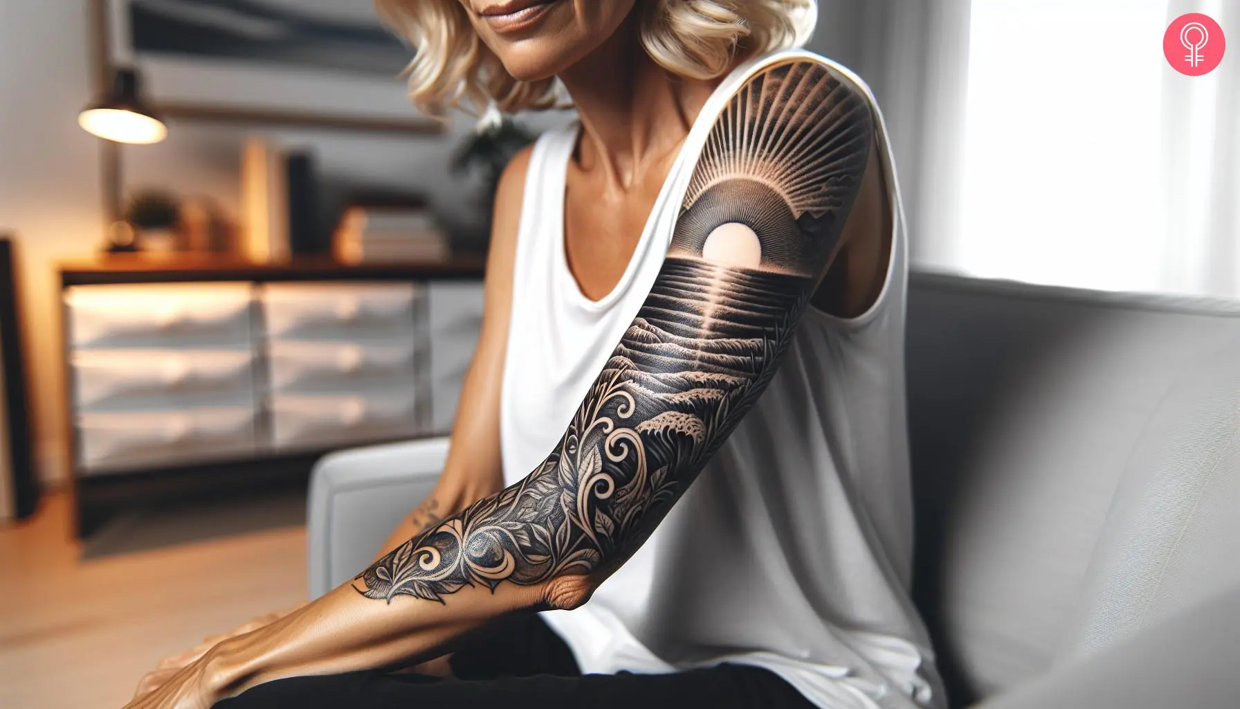 A woman with a black and white beach sunset sleeve tattoo