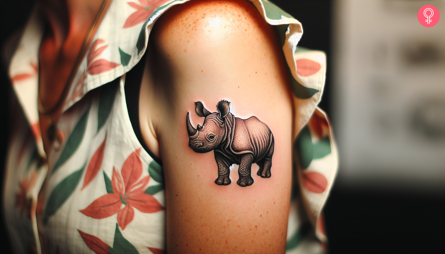 A woman with a black baby rhino tattoo on her upper arm