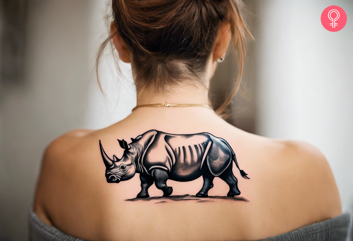 A woman with a black charging rhino tattoo on her upper back