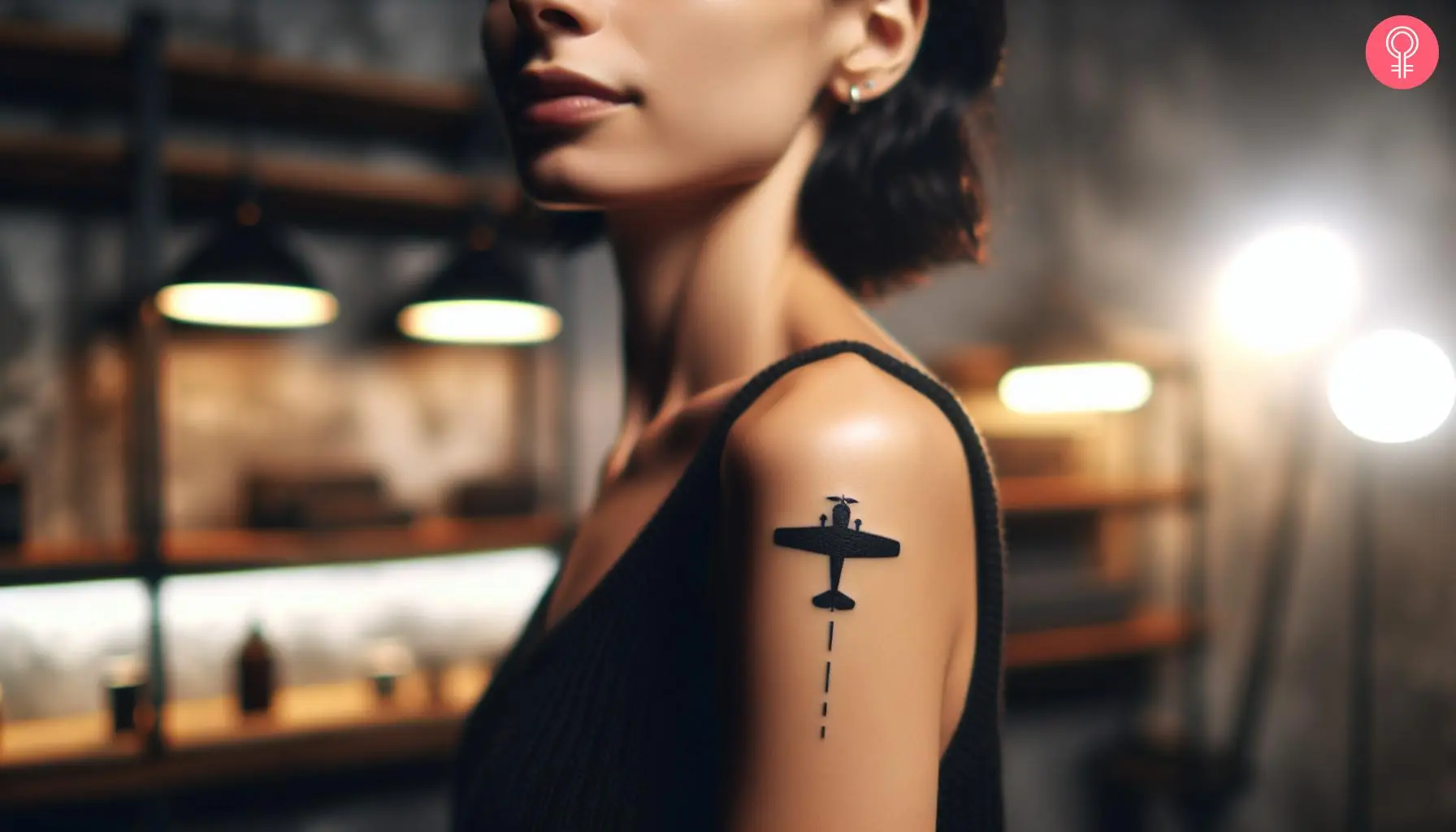 A woman with a black flight engineering tattoo on her upper arm