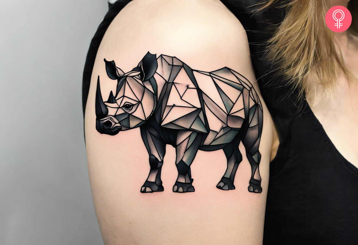 A woman with a black geometric rhino tattoo on her upper arm