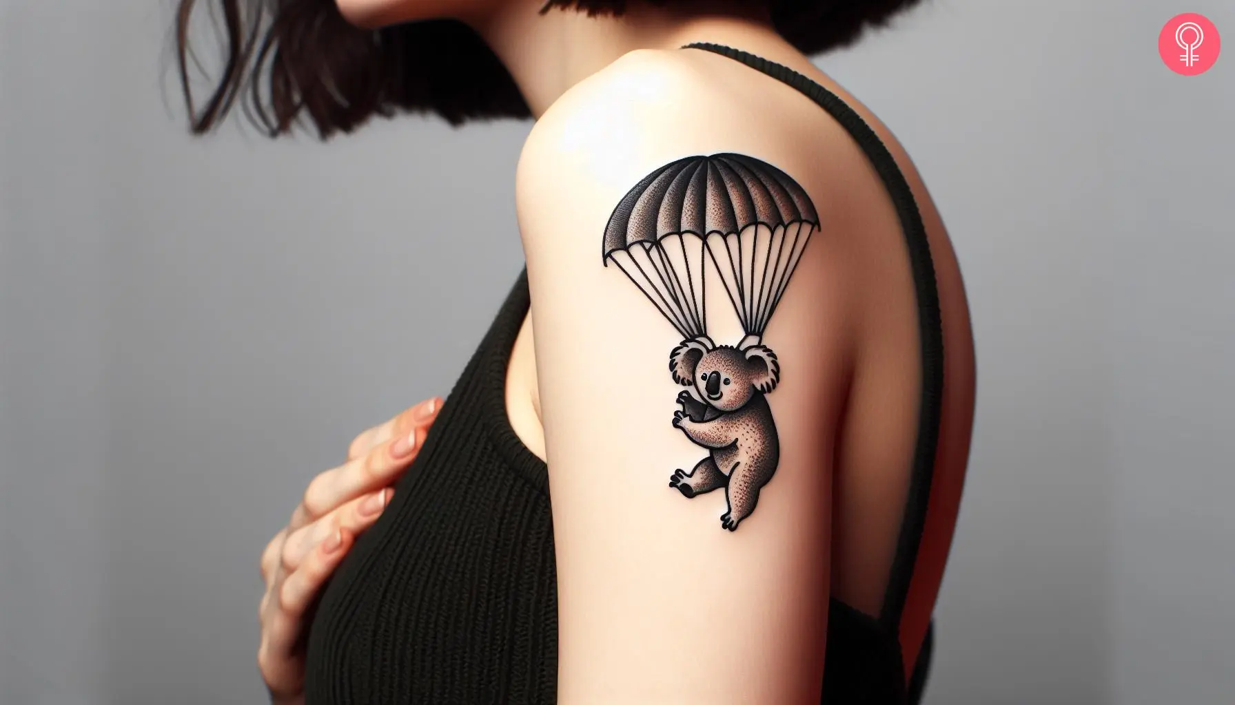 A woman with a black koala with parachute tattoo on her upper arm