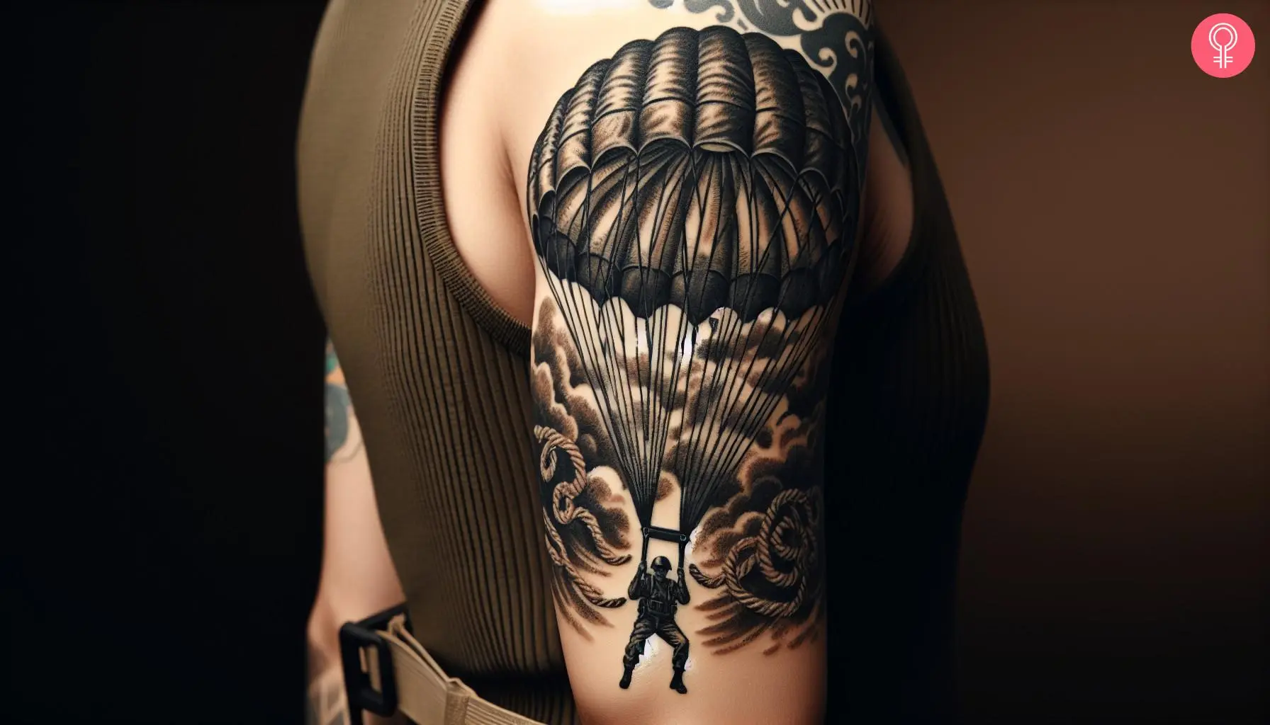 A woman with a black military parachute tattoo on her upper arm