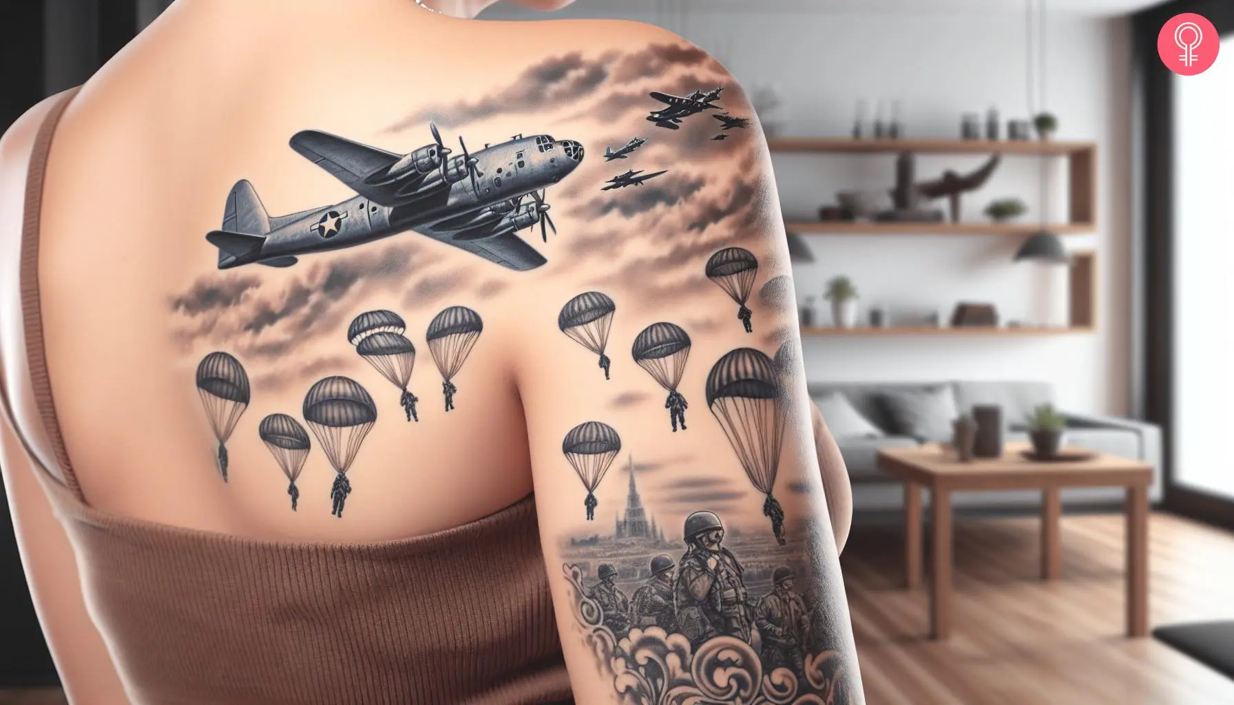 A woman with a black military planes and parachute tattoo on her upper back and arm