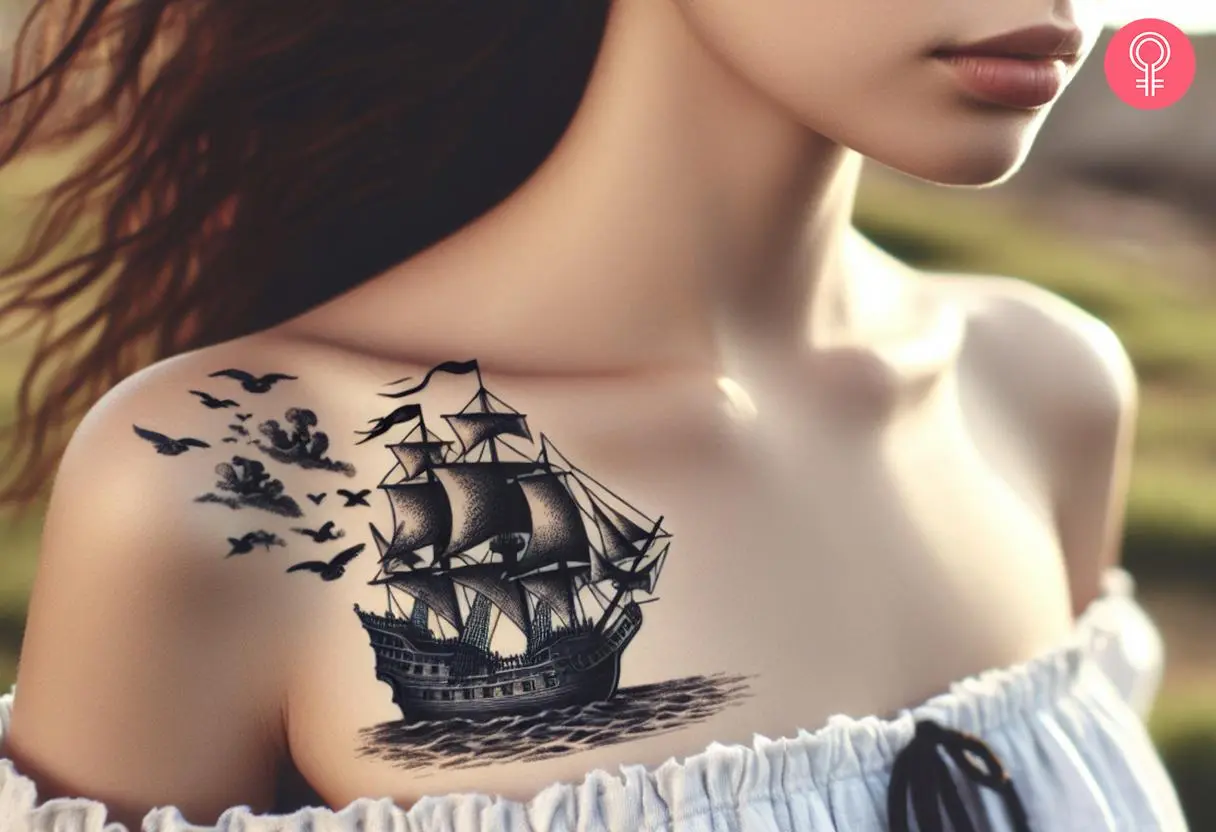 A woman with a black pearl pirates of the caribbean tattoo on her shoulder