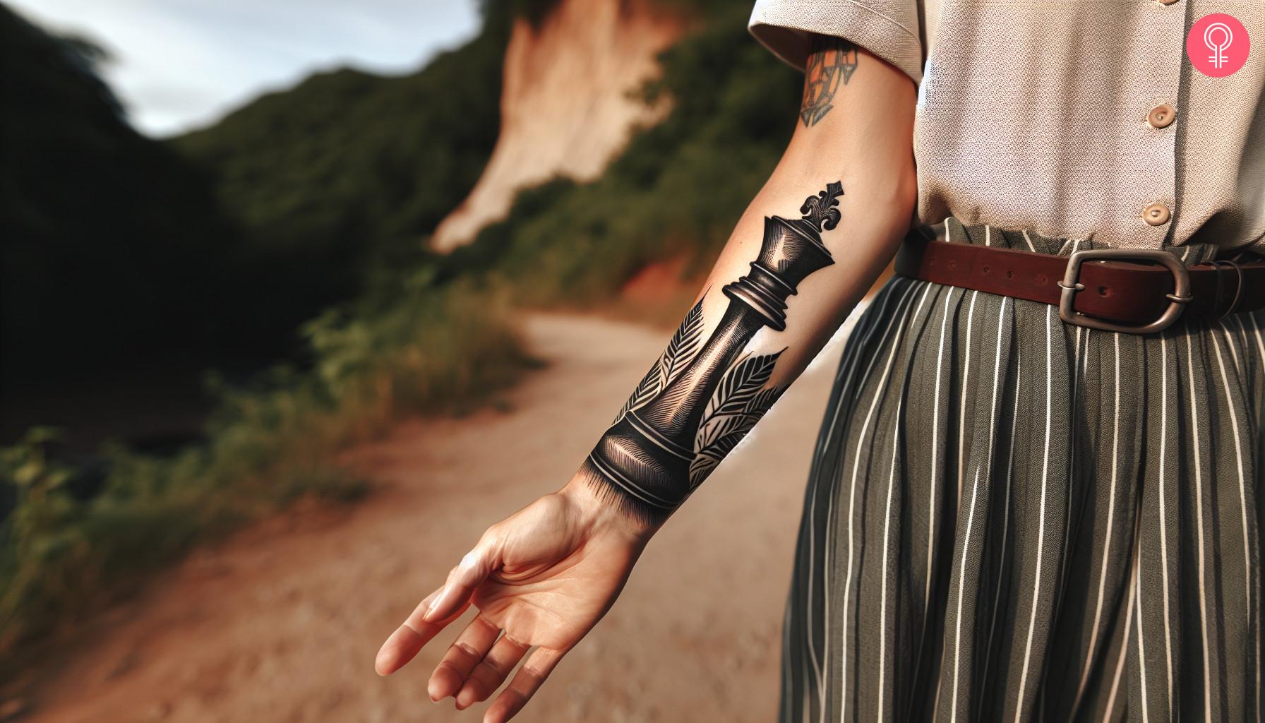 A woman with a tattoo of a black queen on her forearm