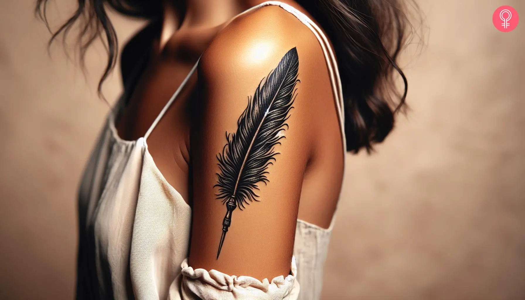 A woman with a black quill pen tattoo on her upper arm