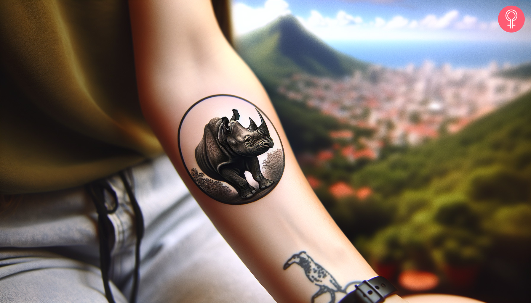 A woman with a black rhino tattoo on her forearm