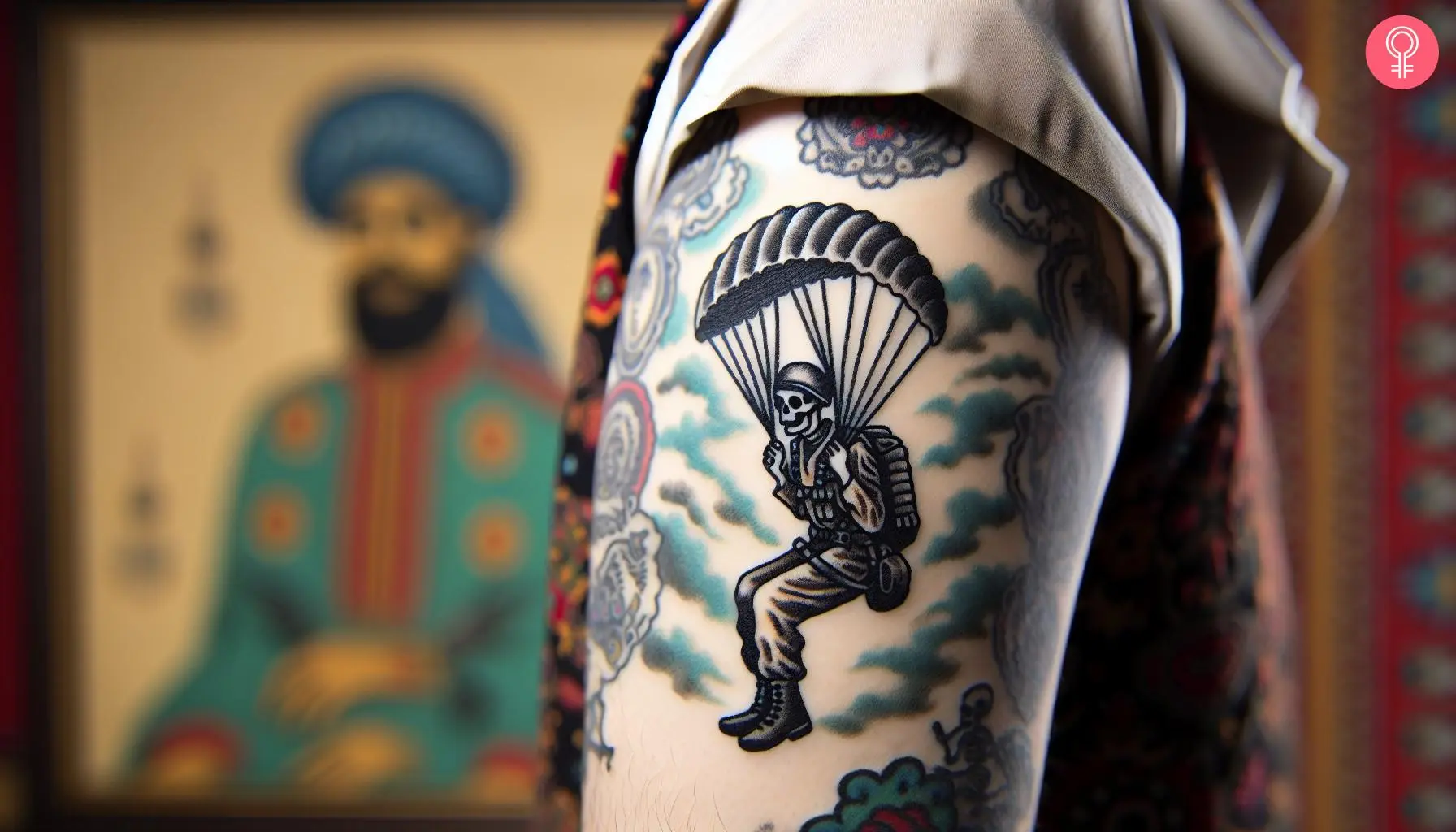 A woman with a black skeleton paratrooper jumping parachute tattoo on her upper arm