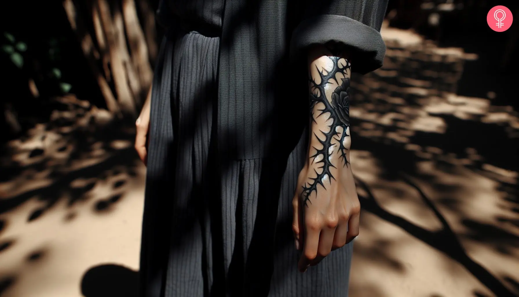 A woman with a black thorn tattoo on her forearm