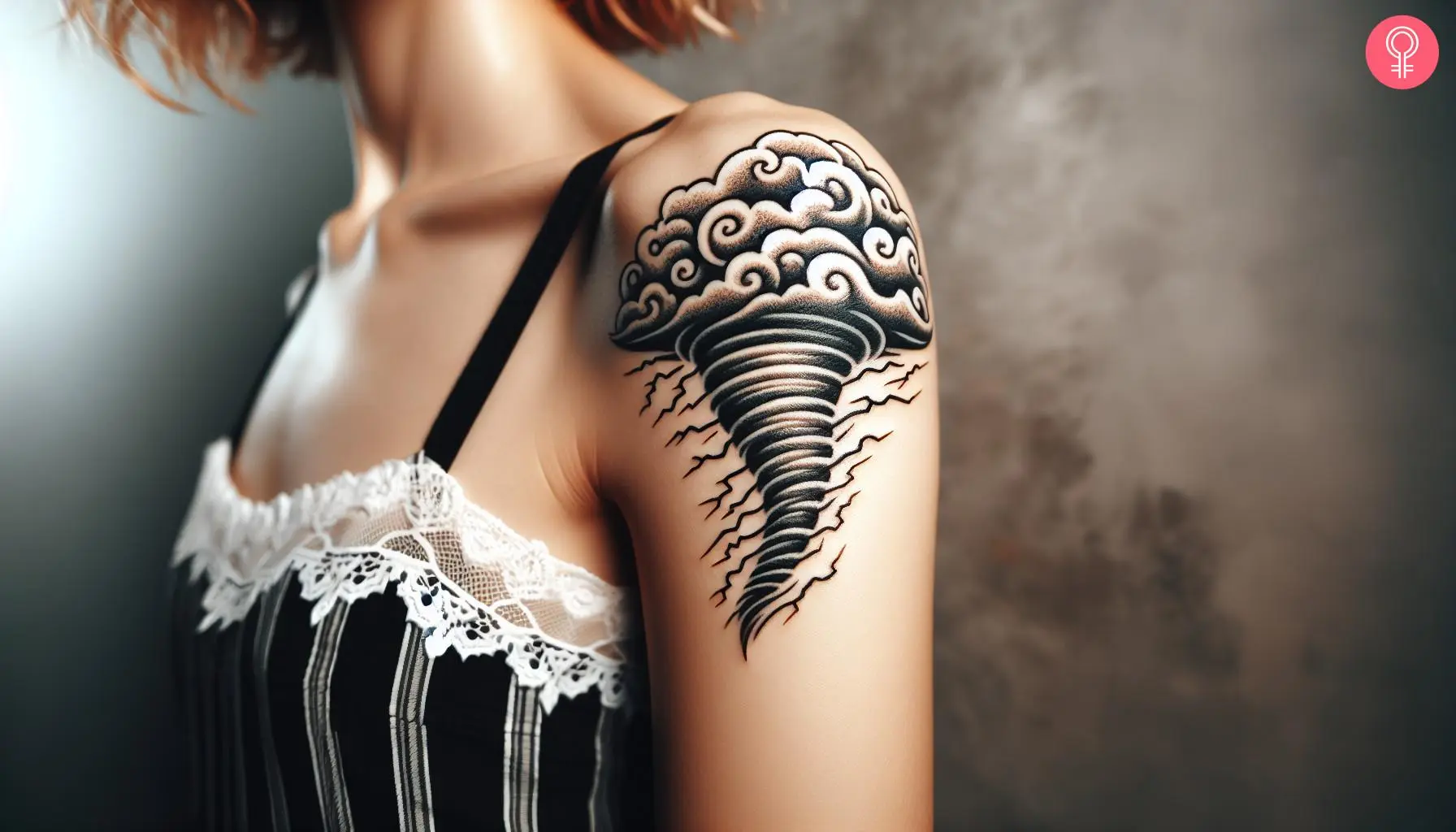 A woman with a black thunderstorm tornado tattoo on her upper arm