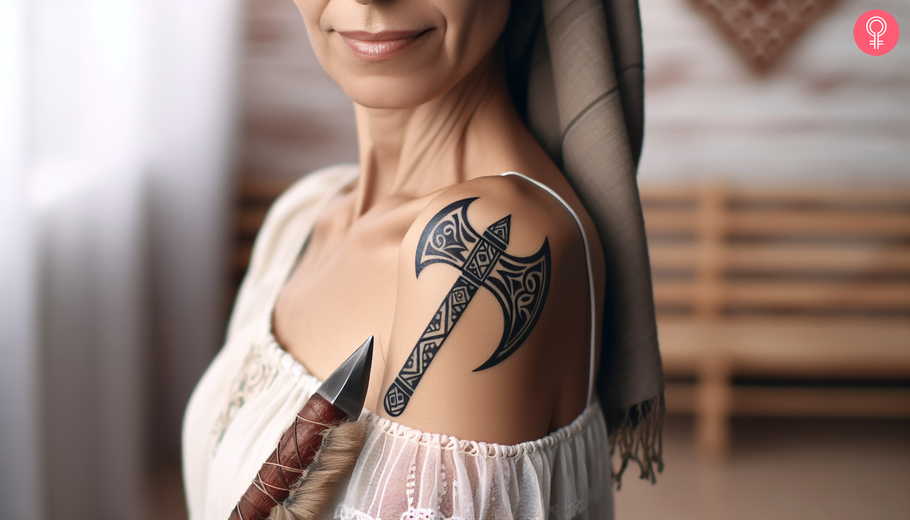 A woman with a black tribal-themed tomahawk tattoo on her upper arm