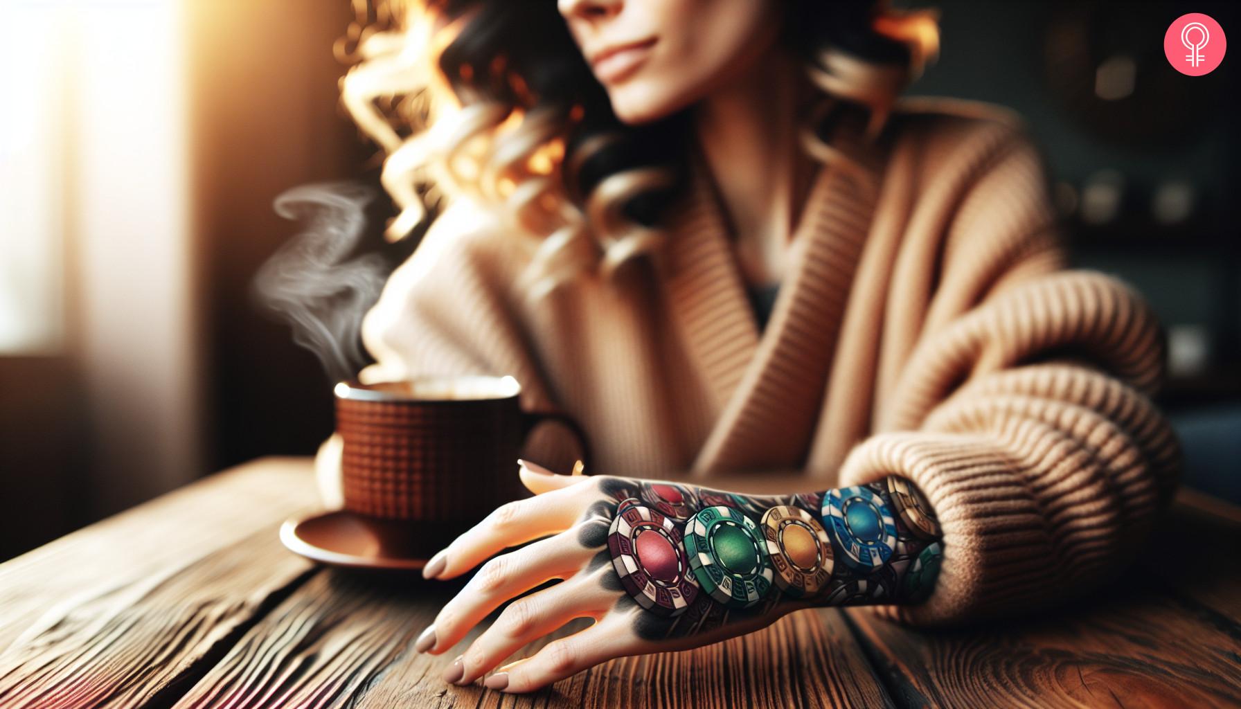 A woman with a casino-inspired hand tattoo