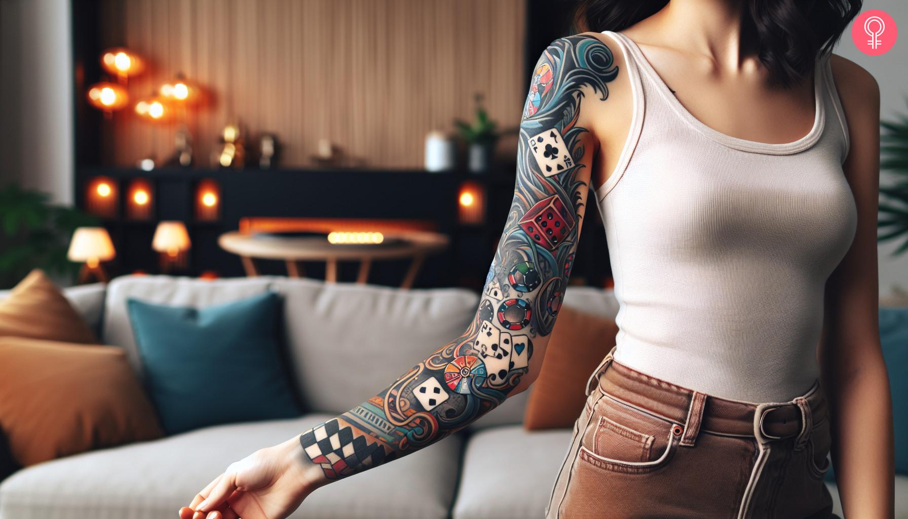 A woman with a casino-inspired tattoo sleeve