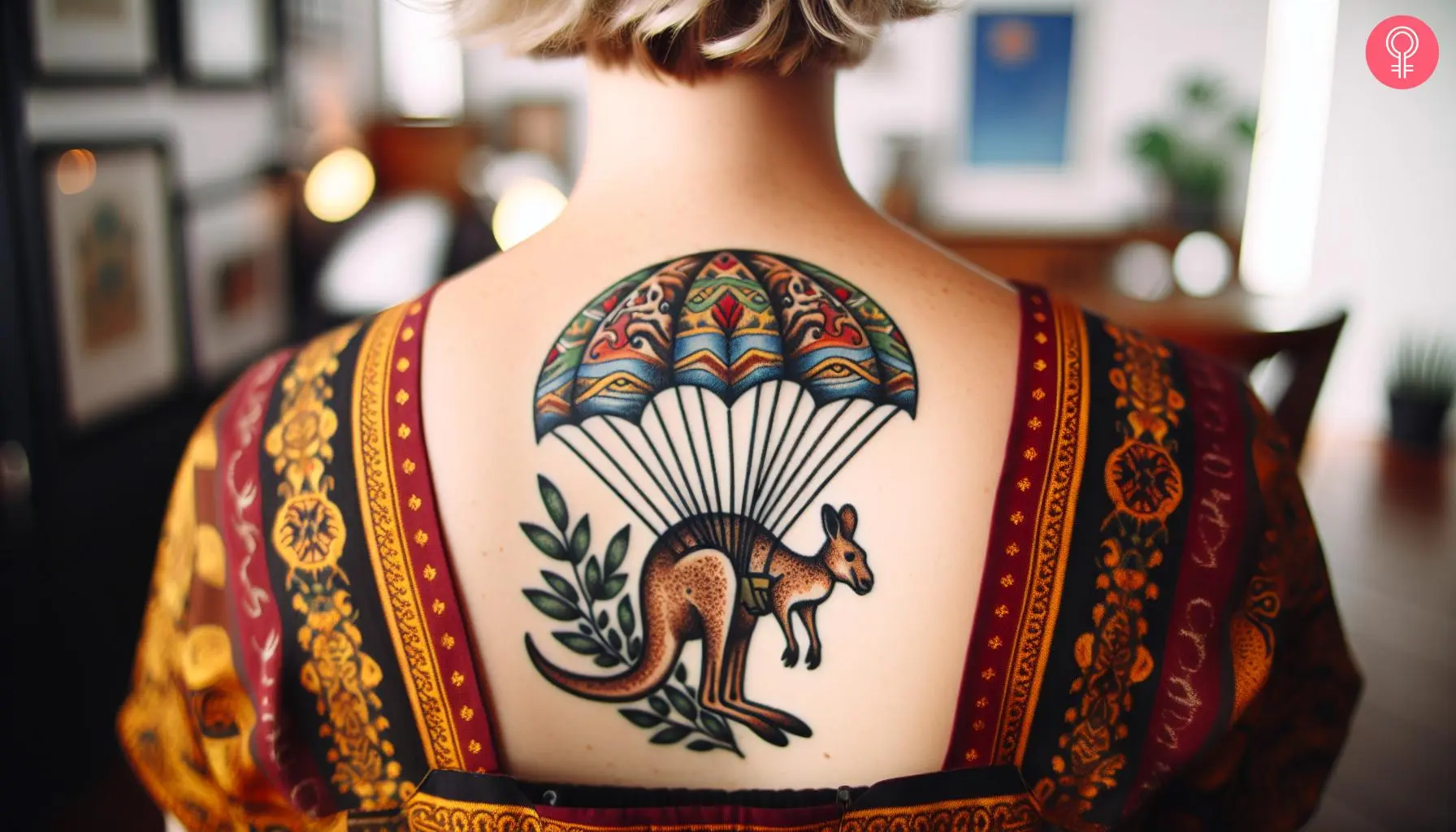 A woman with a colored kangaroo with parachute tattoo on her upper back