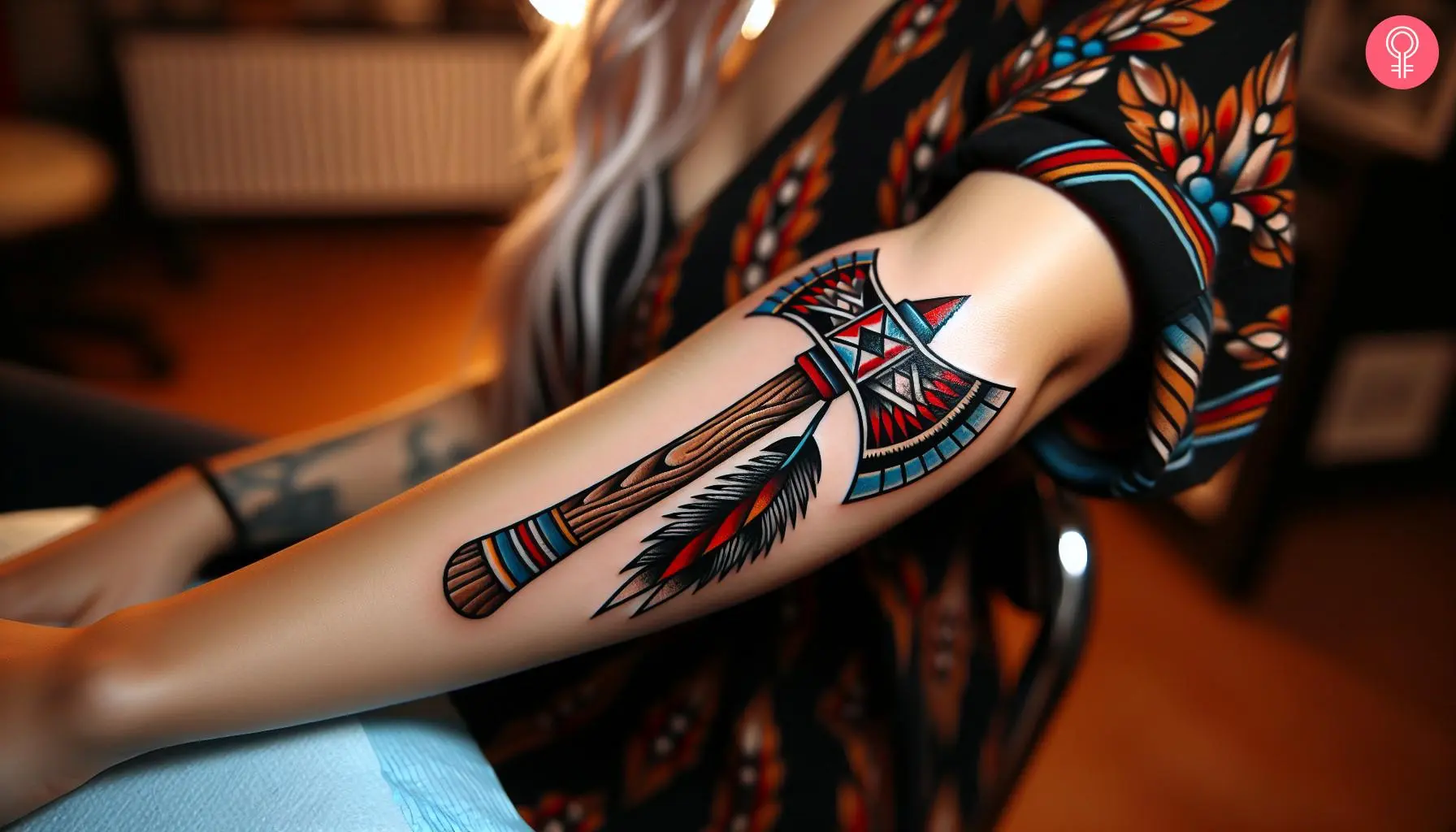 A woman with a colored tomahawk tattoo on her arm