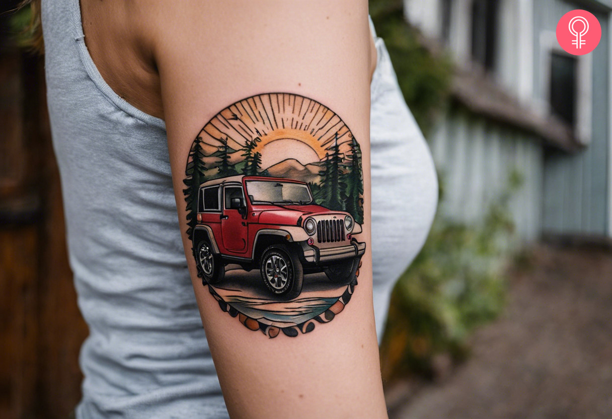 A woman with a colorful Jeep tattoo on her upper arm