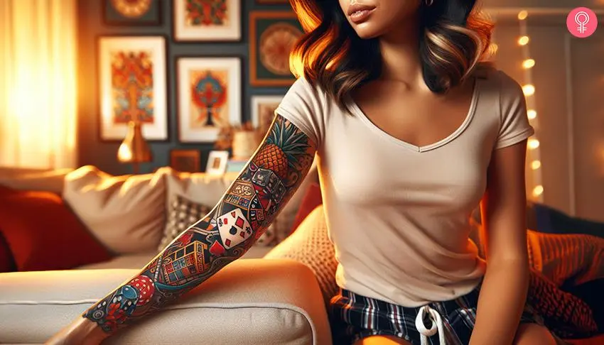 A woman with a colorful casino-themed arm tattoo