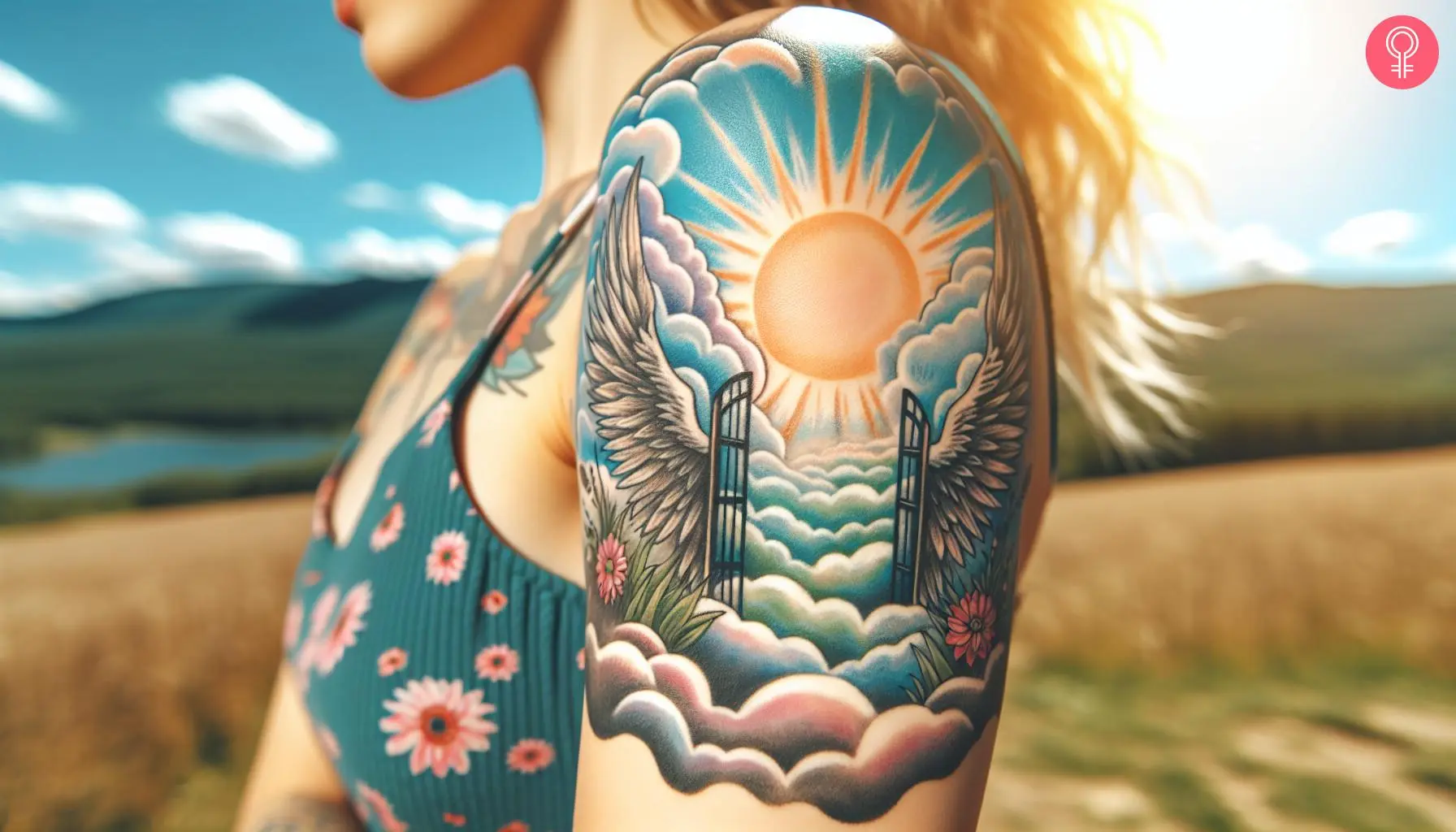 A woman with a colorful tattoo gate of heaven and clouds tattooed on her upper arm