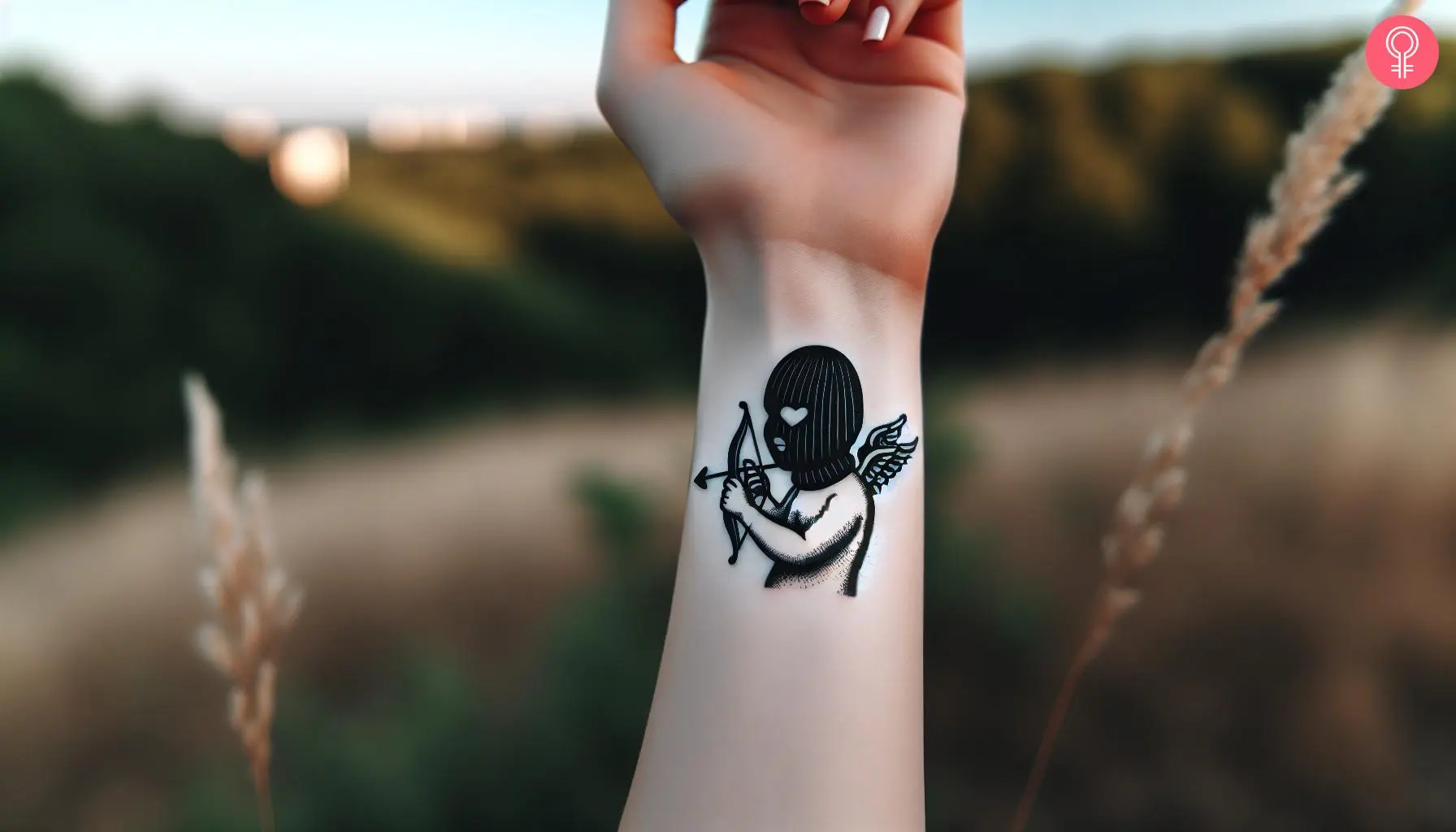 A woman with a cupid with ski mask tattoo on her wrist