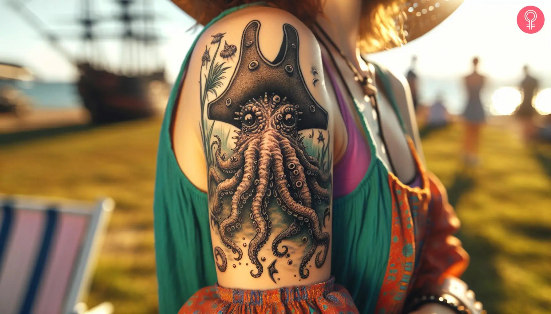 A woman with a davy jones pirates of the caribbean tattoo on her upper arm