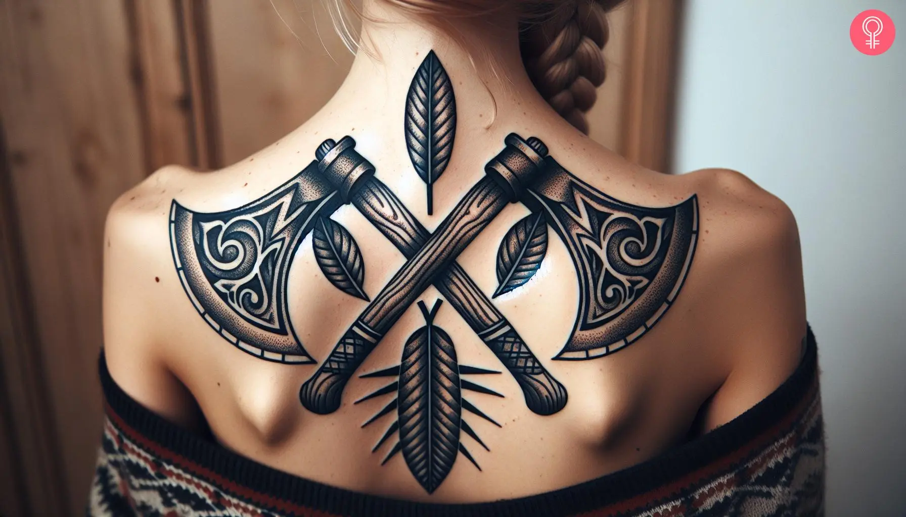 A woman with a double crossed tomahawk tattoo on her upper back