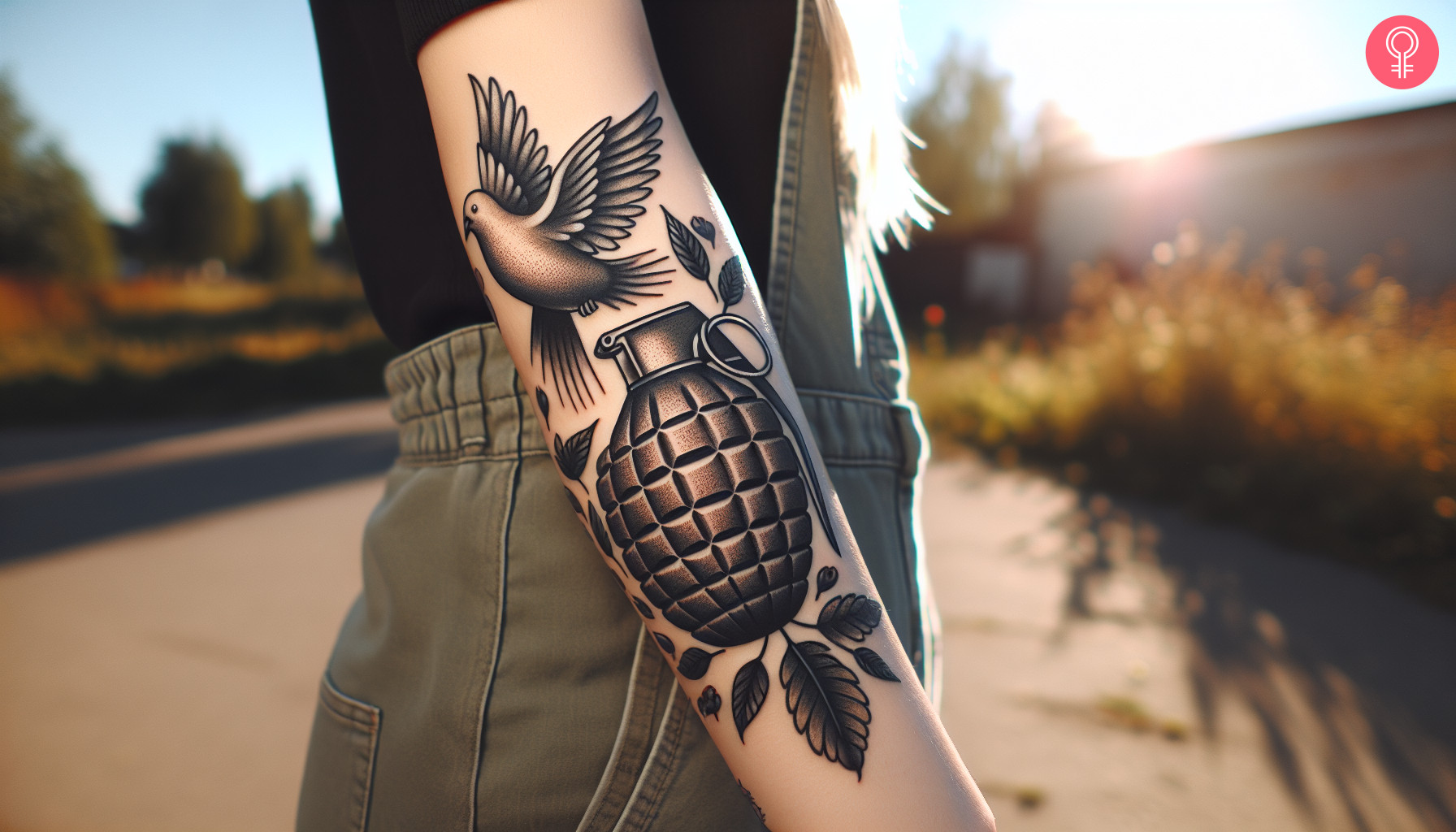 A woman with a dove and grenade tattoo on her forearm