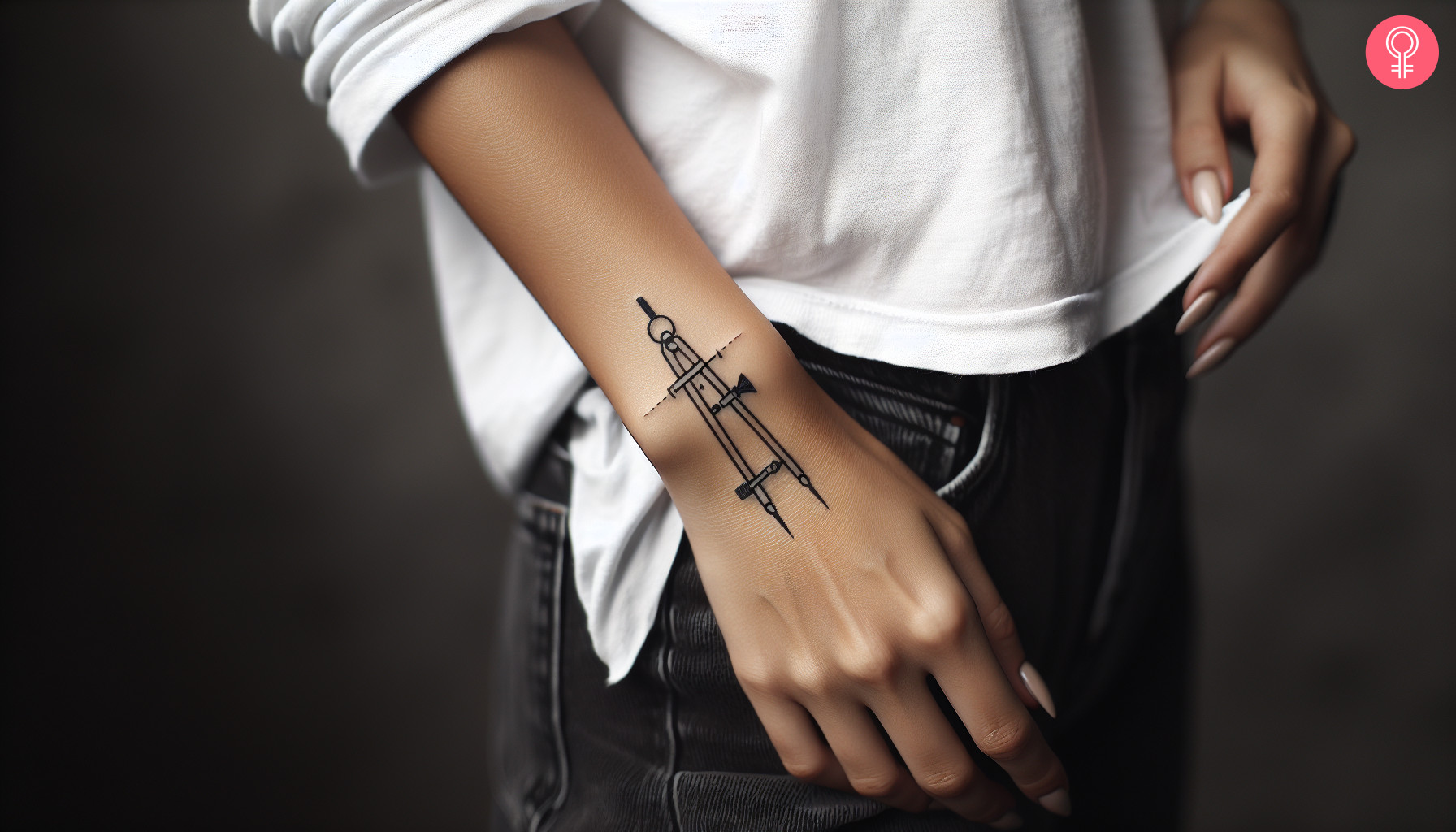 A woman with a drawing compass engineering tattoo on her wrist