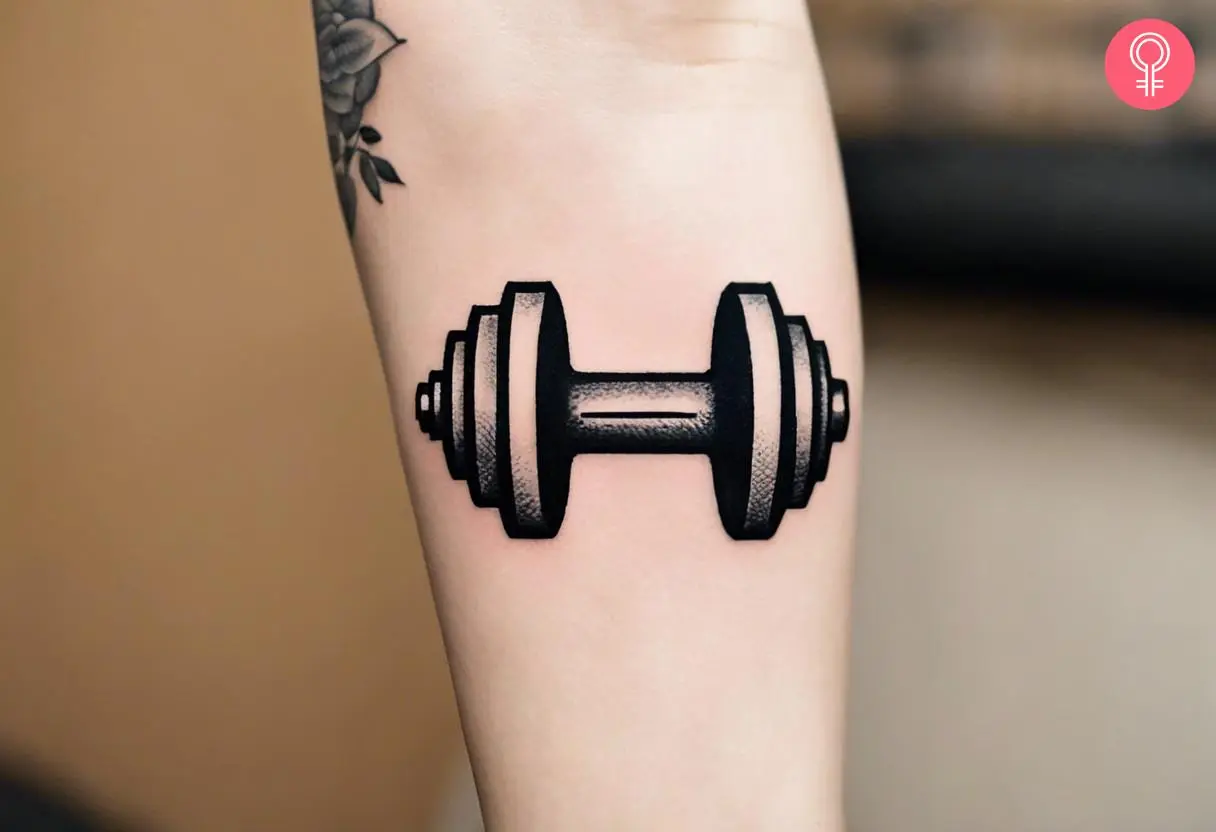 A woman with a dumbbell tattoo on her forearm