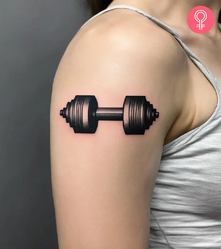 A woman with a dumbbell tattoo on her upper arm