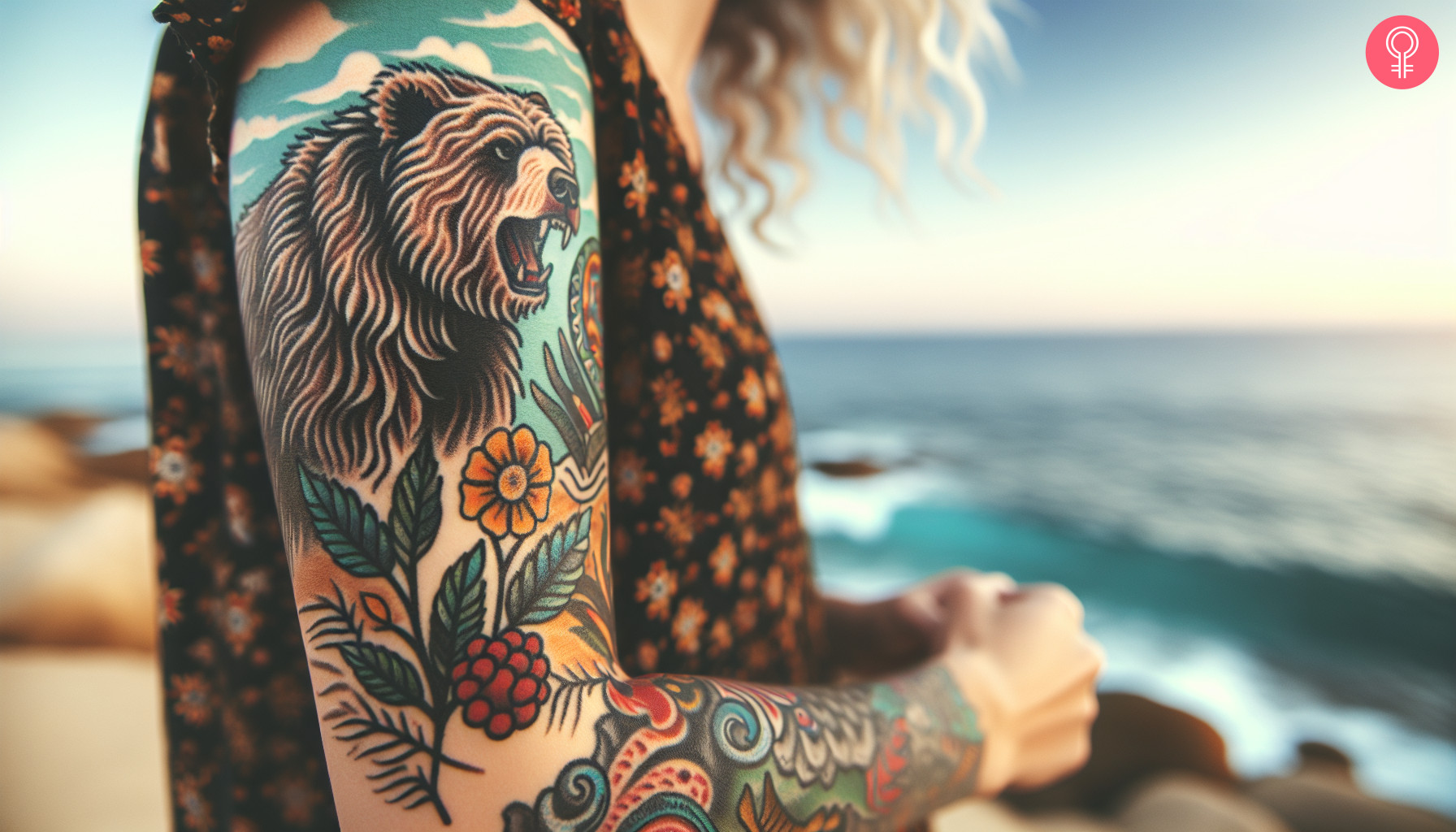 A woman with a fierce bear tattoo on her arm