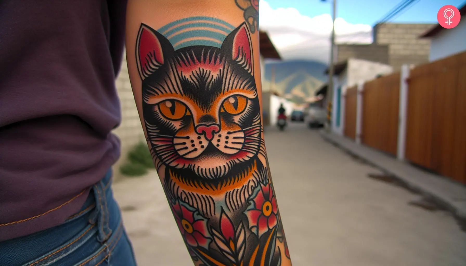 A woman with a fierce cat tattoo on her upper arm