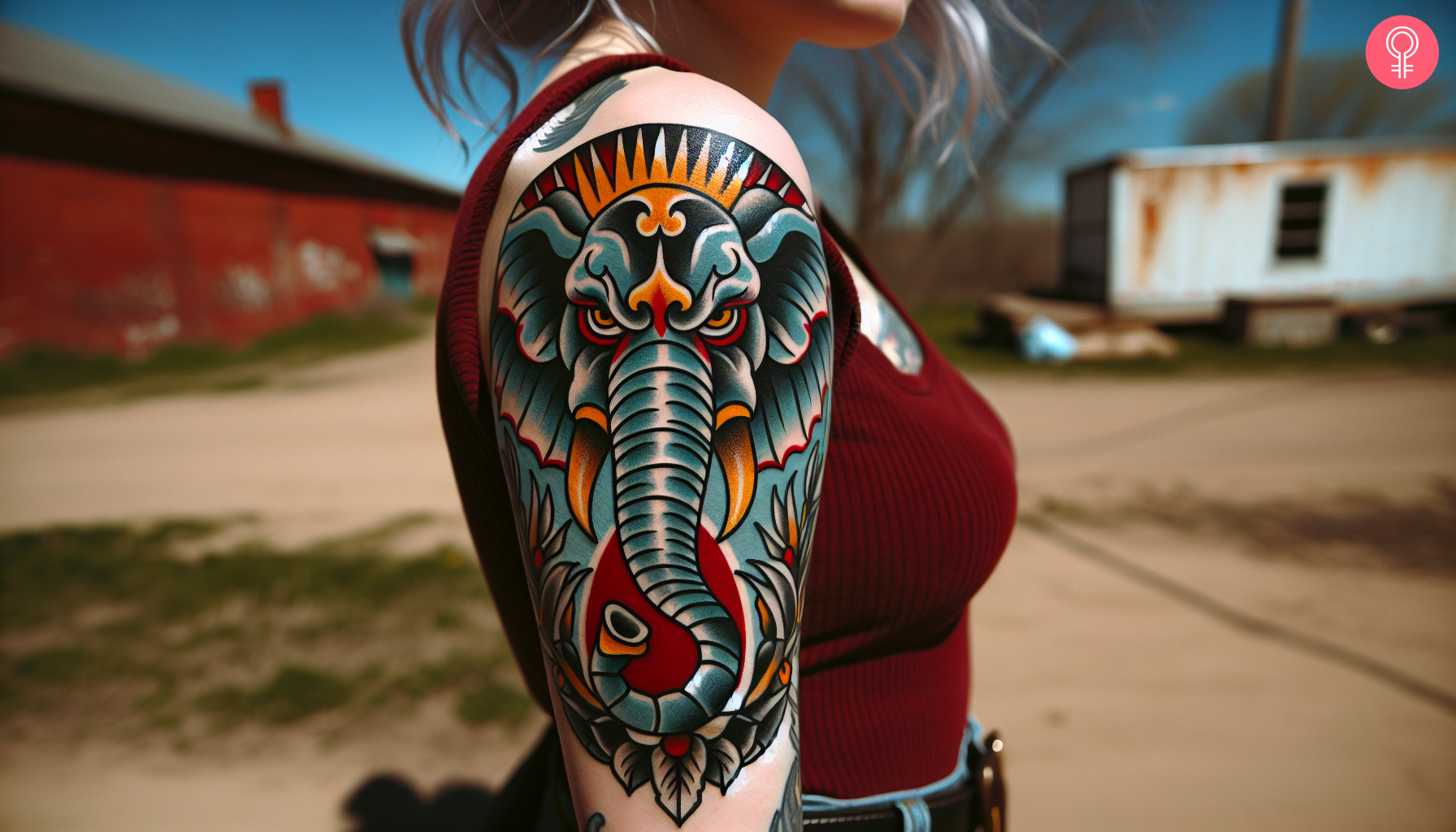 A woman with a fierce elephant tattoo on her upper arm