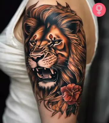 Eagle and lion tattoo on the arm of a woman