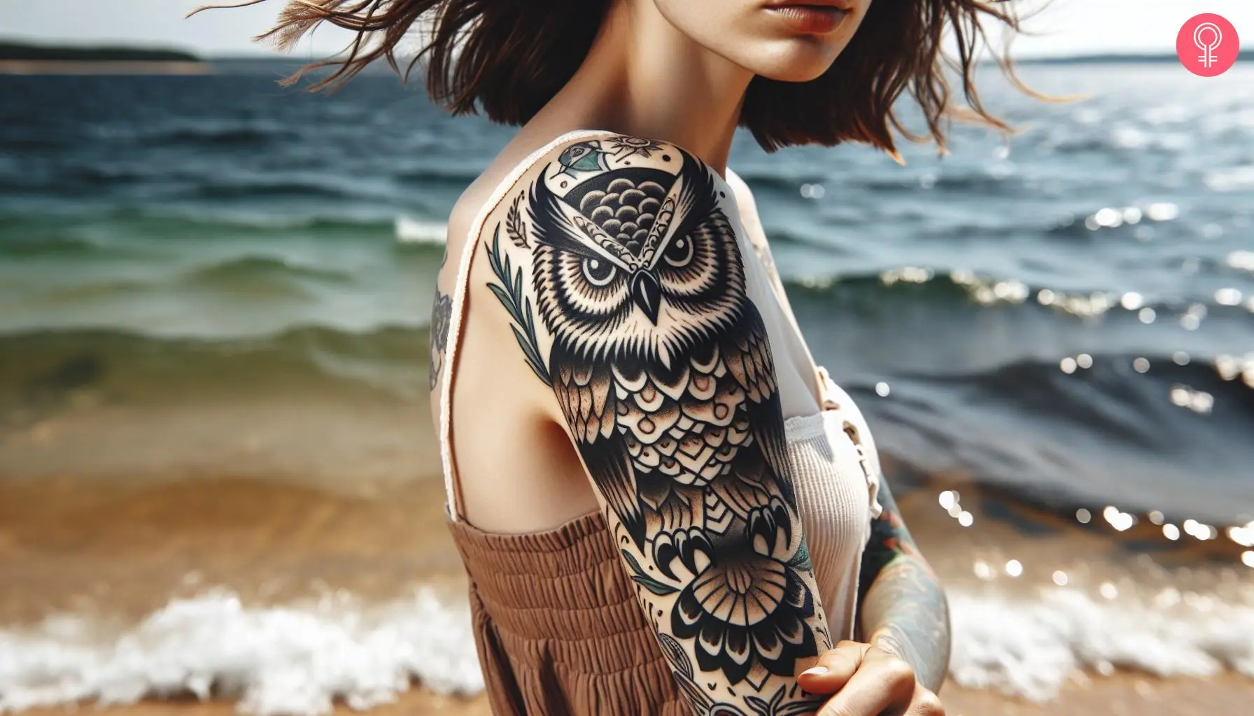 A woman with a fierce owl tattoo on her upper arm