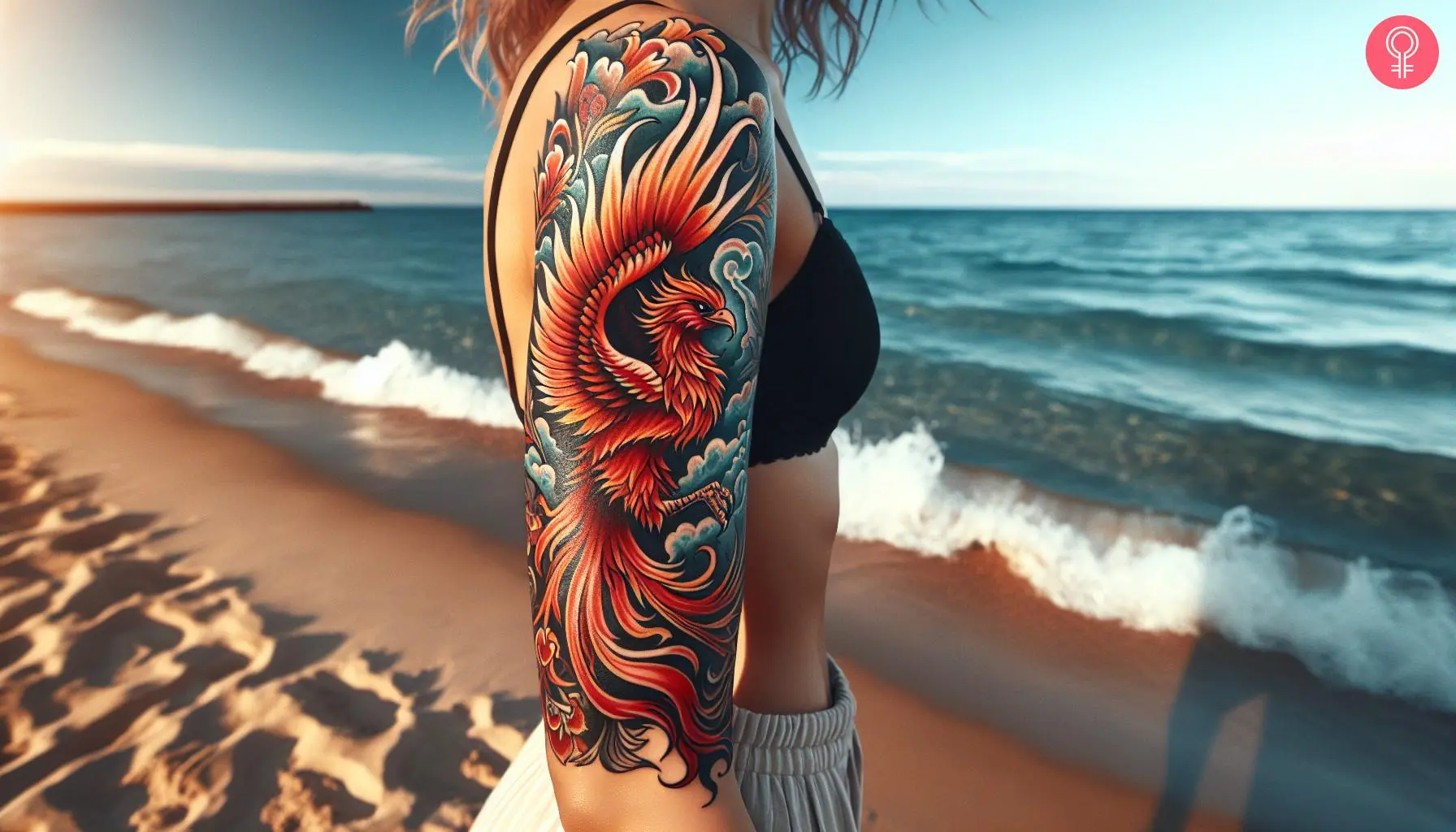 A woman with a fierce phoenix tattoo on her upper arm