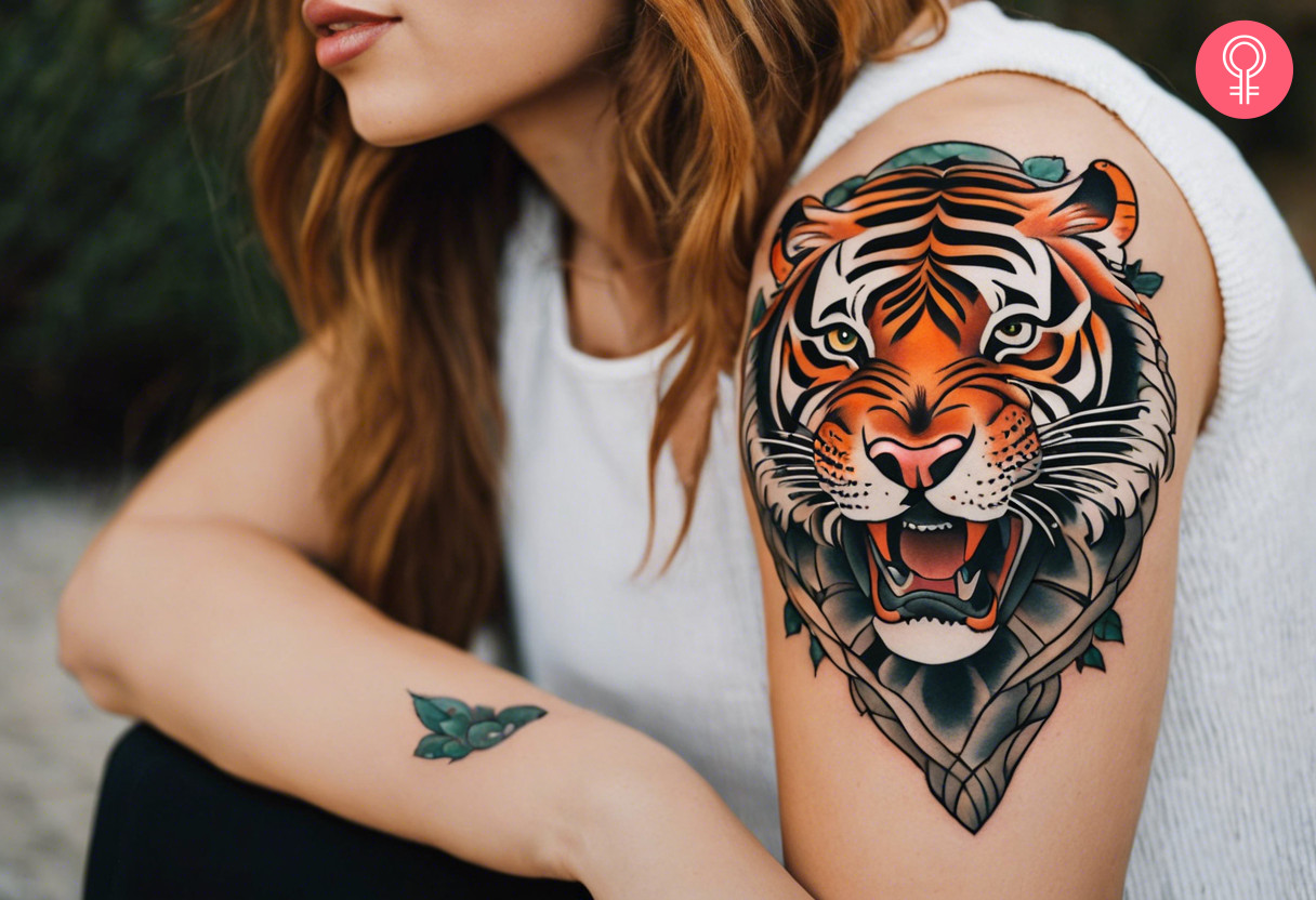 A woman with a fierce tiger tattoo on her upper arm