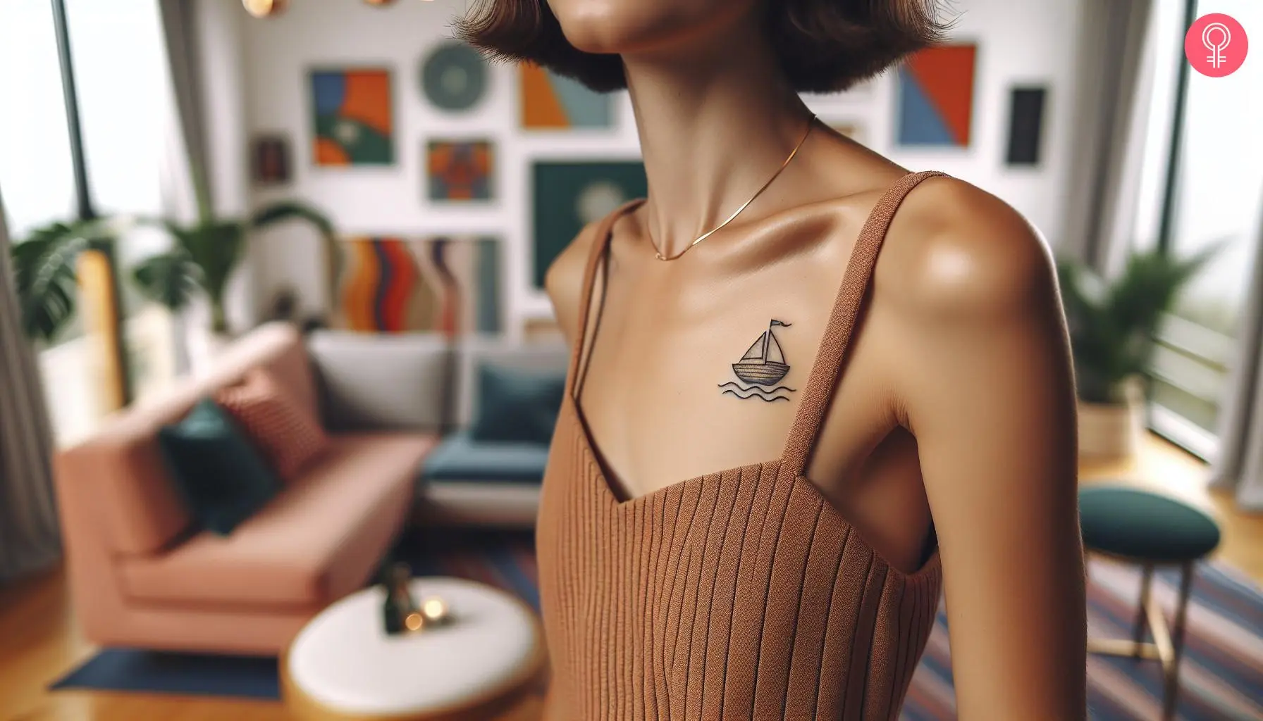 A woman with a fine line wave tattoo near her collarbone