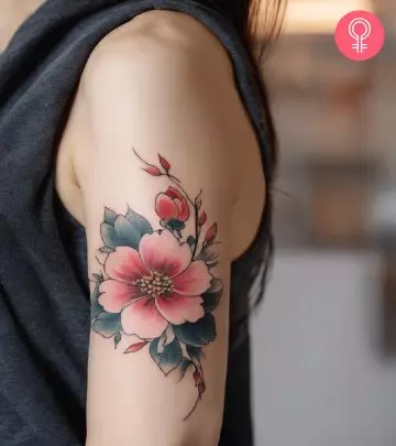 A woman with a T letter tattoo on the upper arm