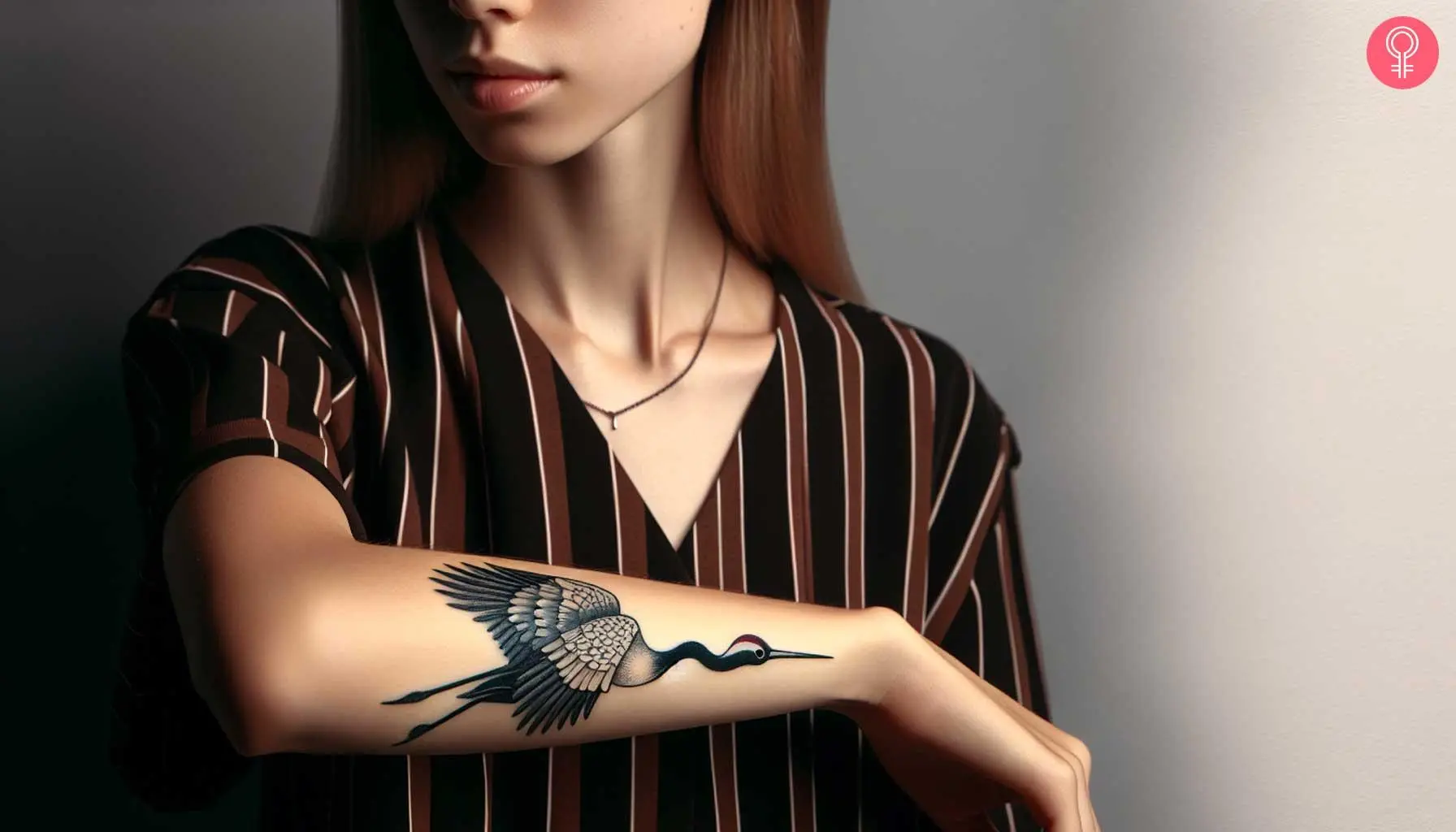 A woman with a flying Japanese crane tattoo on her arm